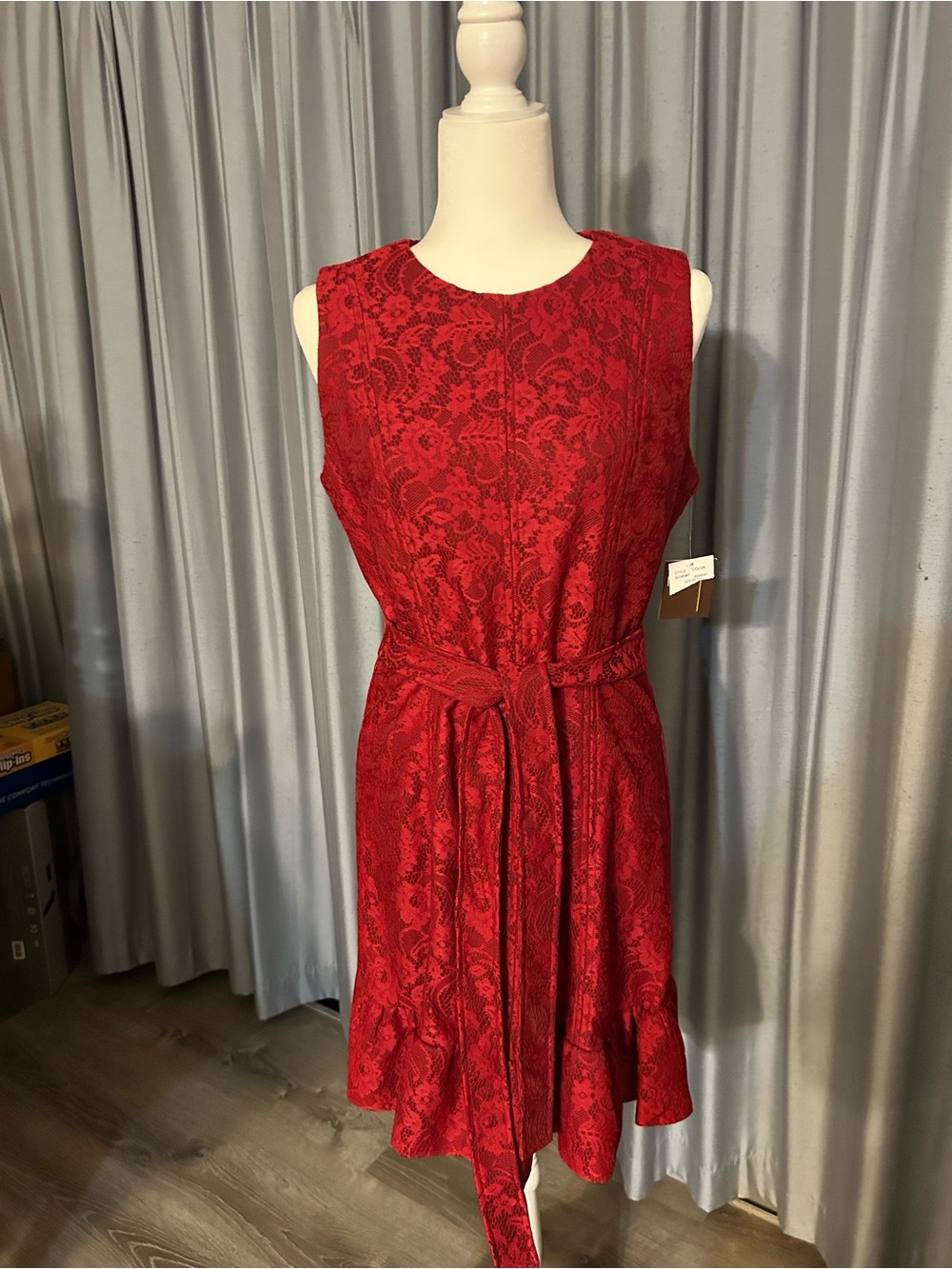 Scarlet Brocade Lace Sleeveless Tie-Waist Dress